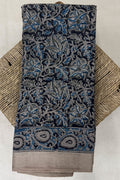 Beige Black Blue Cotton Saree