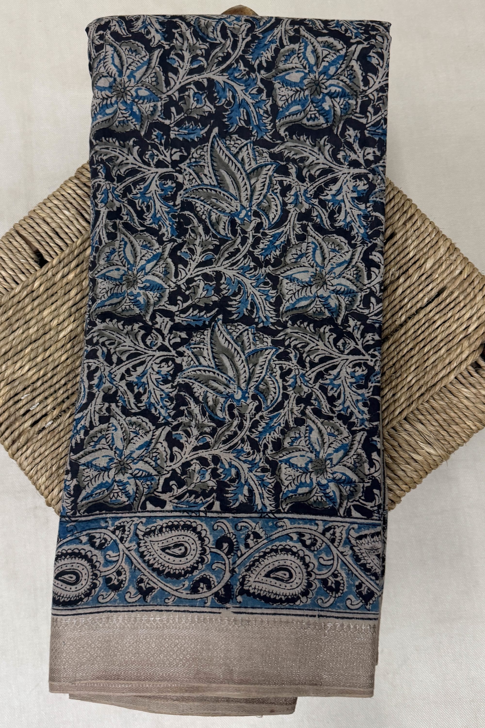 Beige Black Blue Cotton Saree