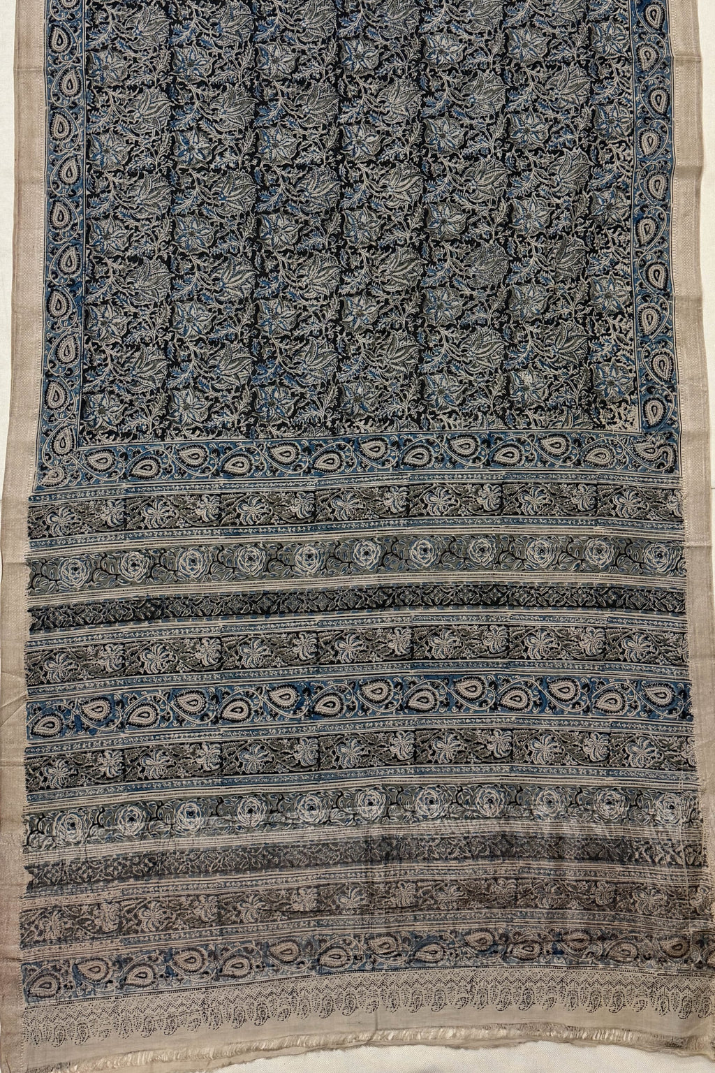 Beige Black Blue Cotton Saree
