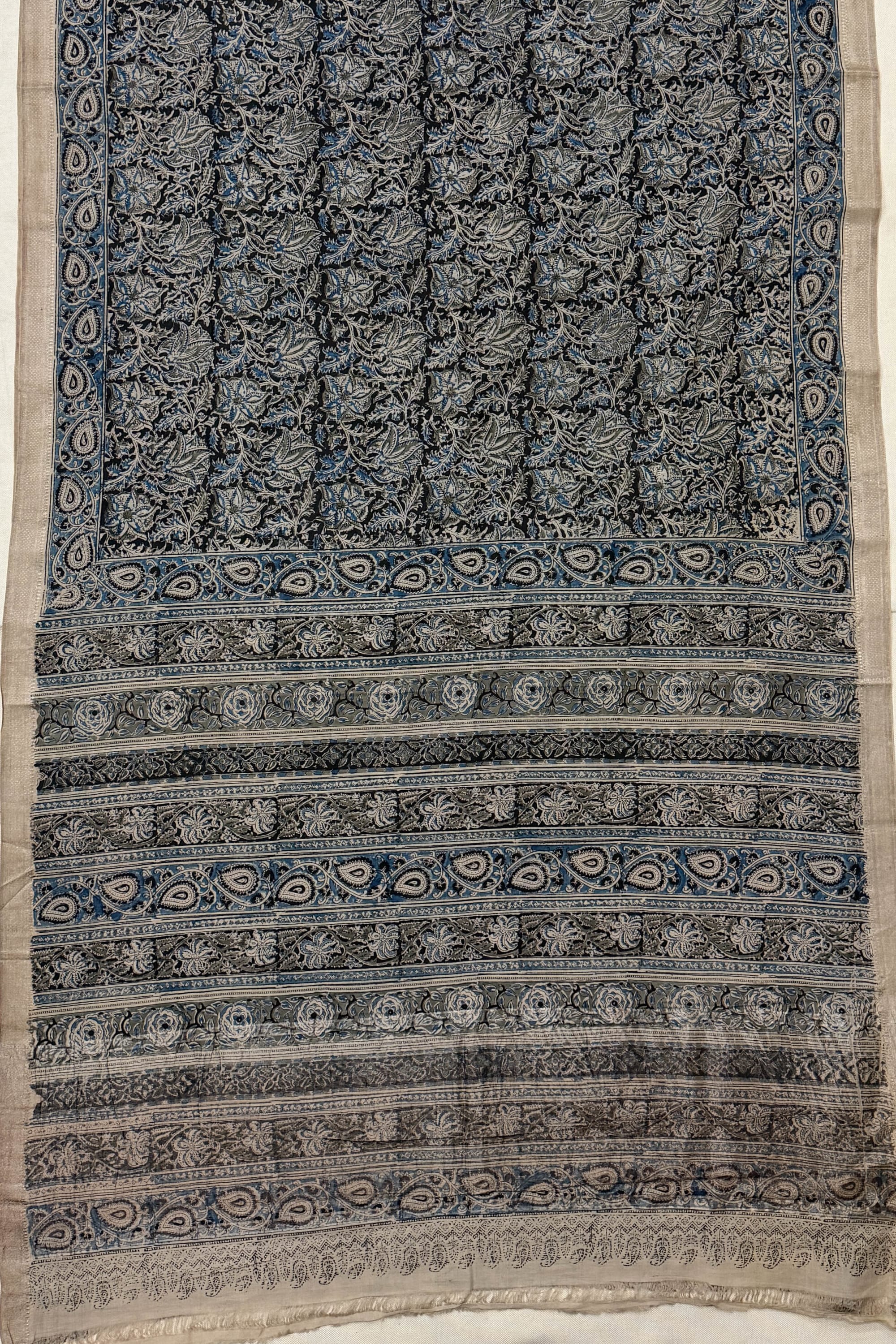 Beige Black Blue Cotton Saree