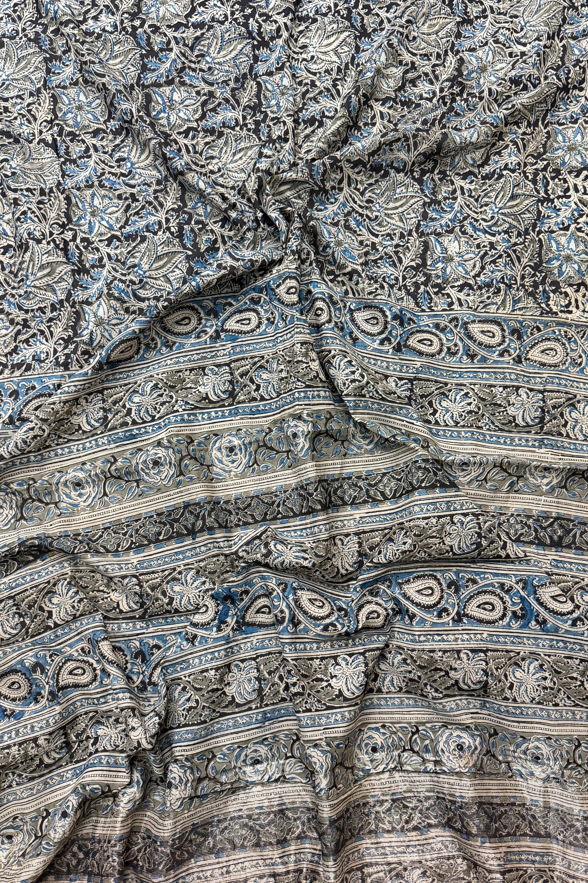 Beige Black Blue Cotton Saree
