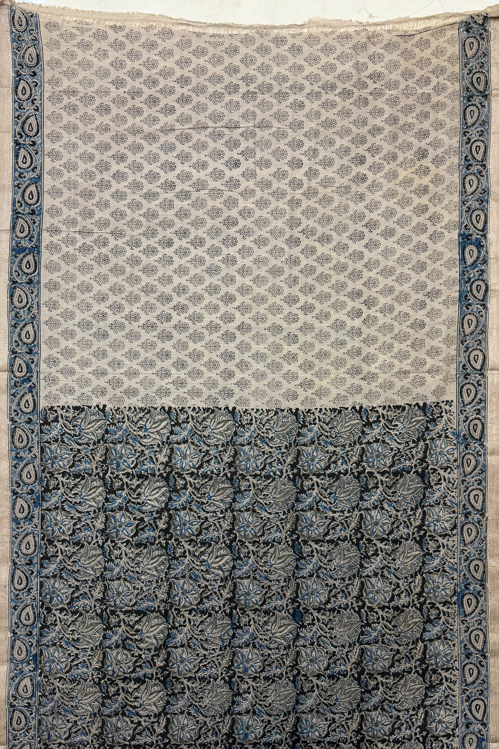 Beige Black Blue Cotton Saree
