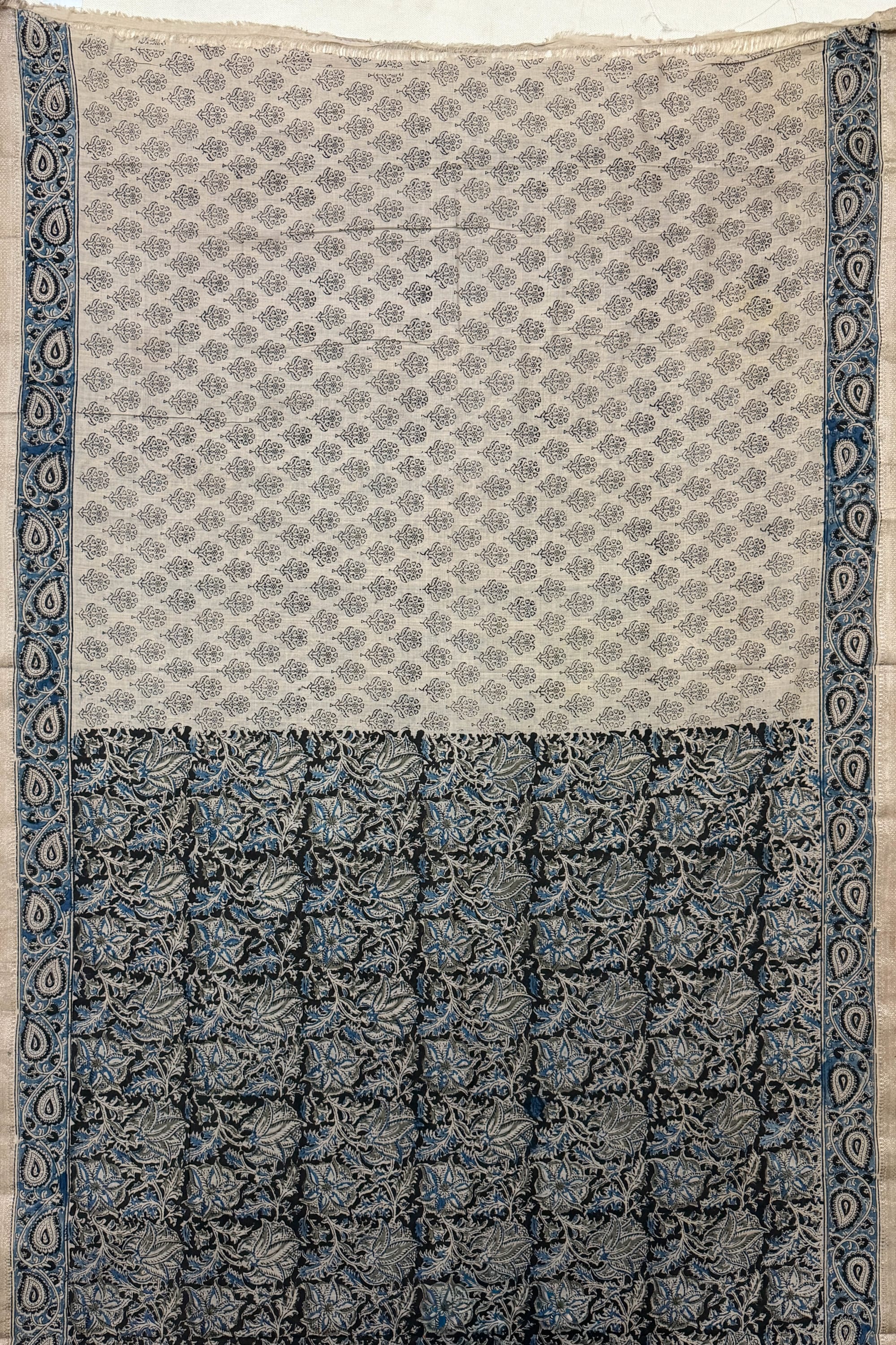 Beige Black Blue Cotton Saree