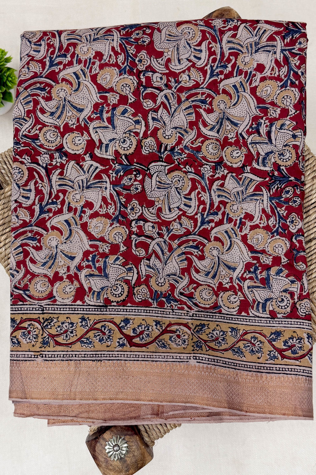 Beige Black Blue Red Cotton Saree