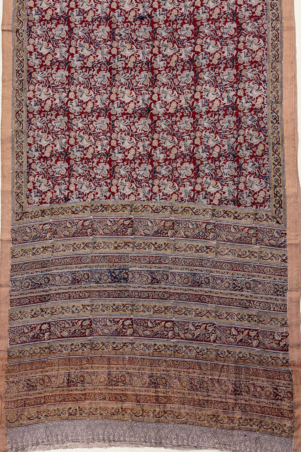 Beige Black Blue Red Cotton Saree