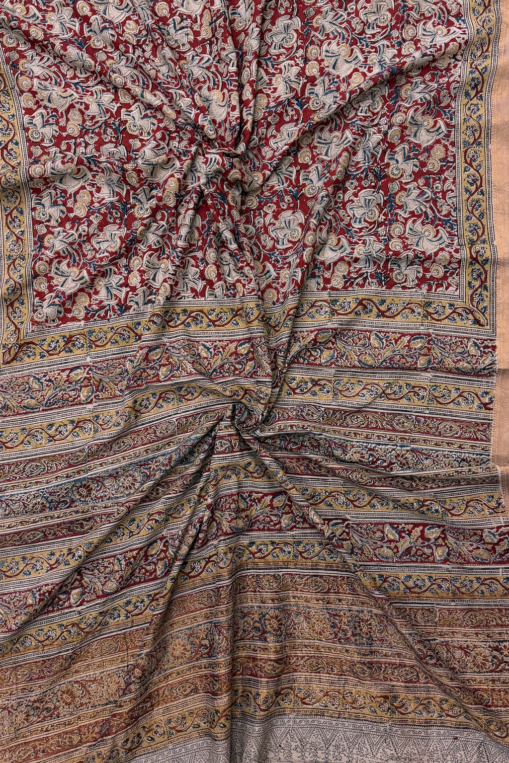 Beige Black Blue Red Cotton Saree