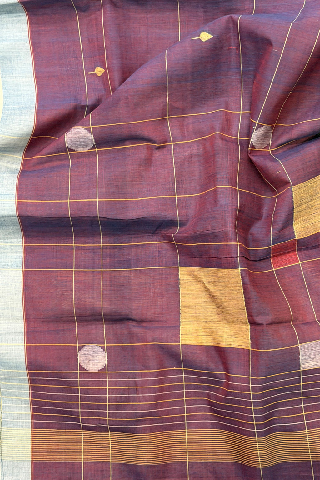Beige Grey Maroon Khadi Saree