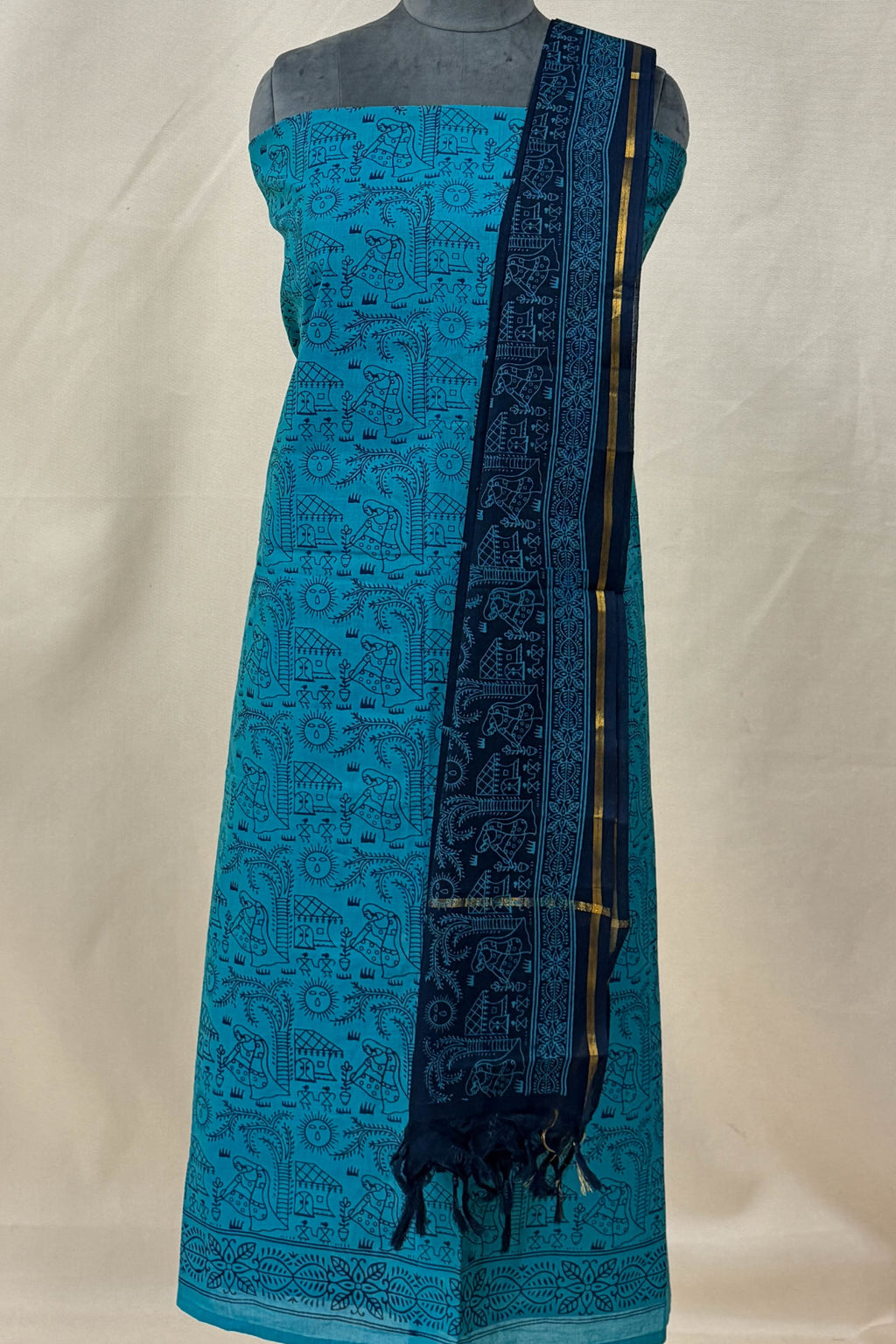 Black ,Blue Cotton Unstitched Suit
