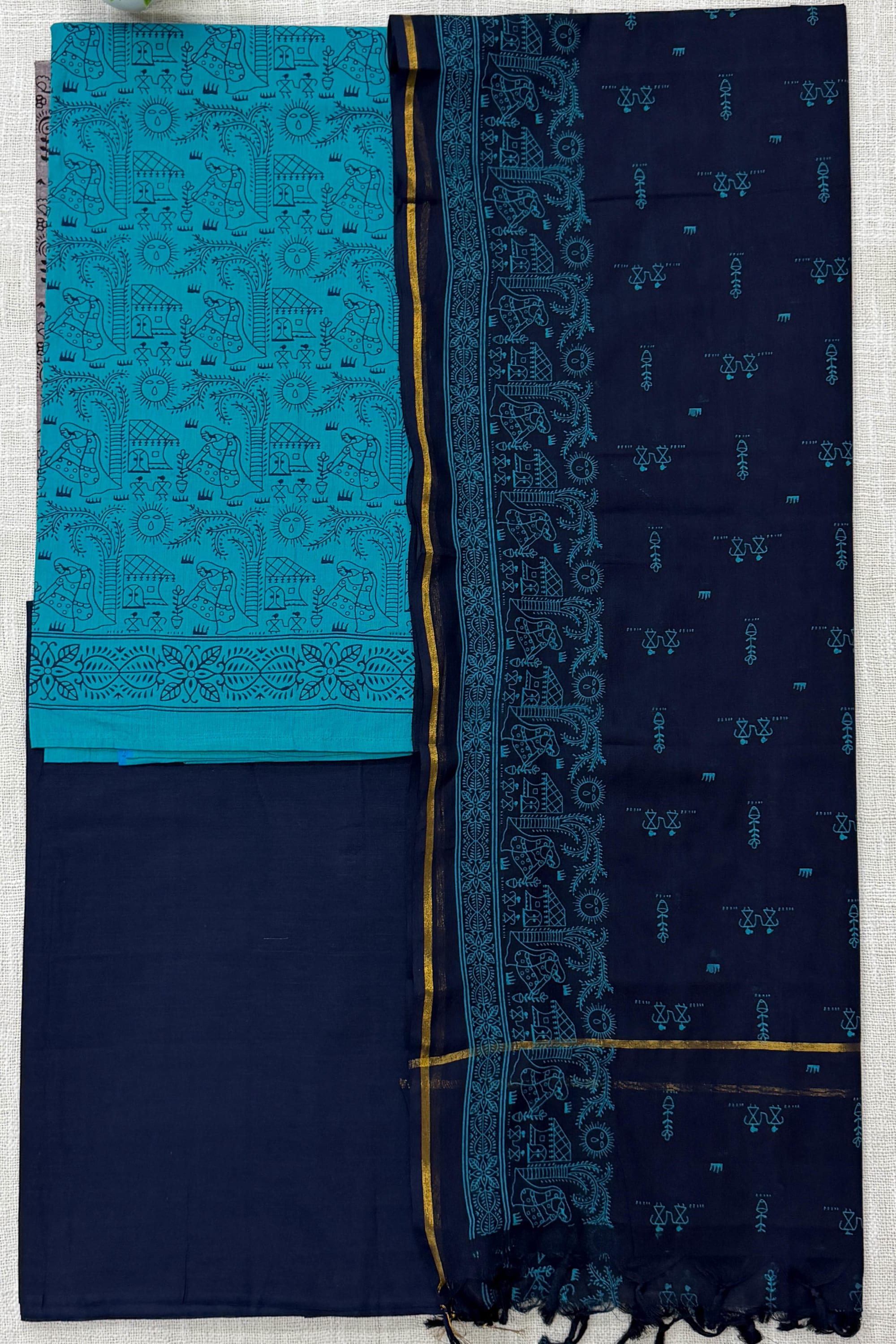 Black ,Blue Cotton Unstitched Suit