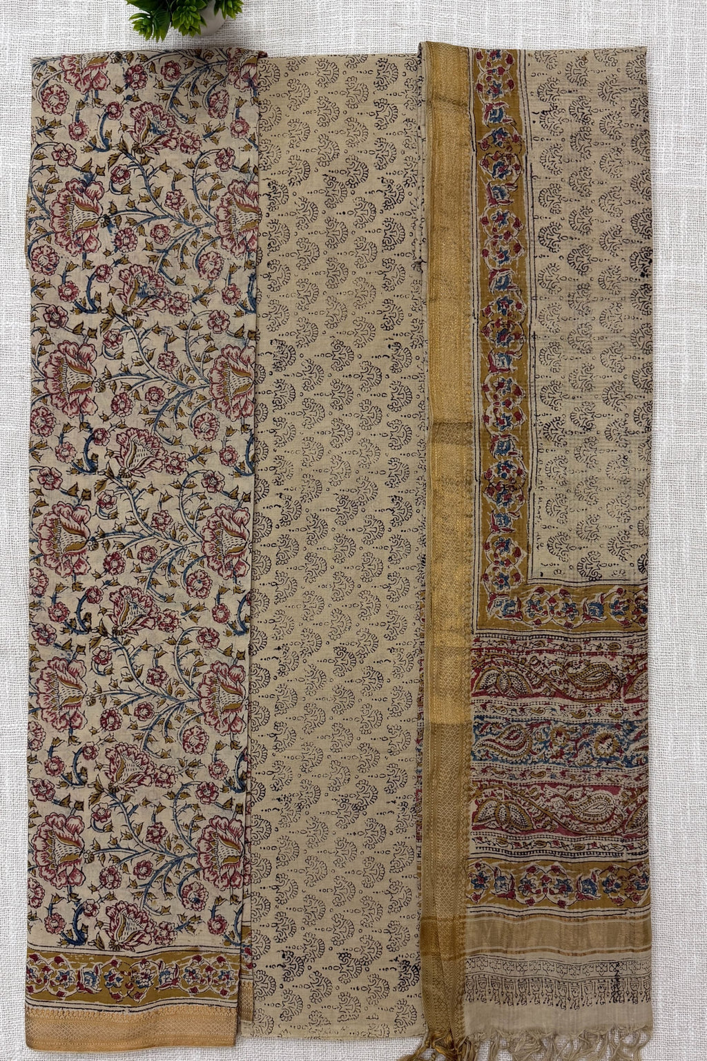 Beige ,Gold Cotton Unstitched Suit