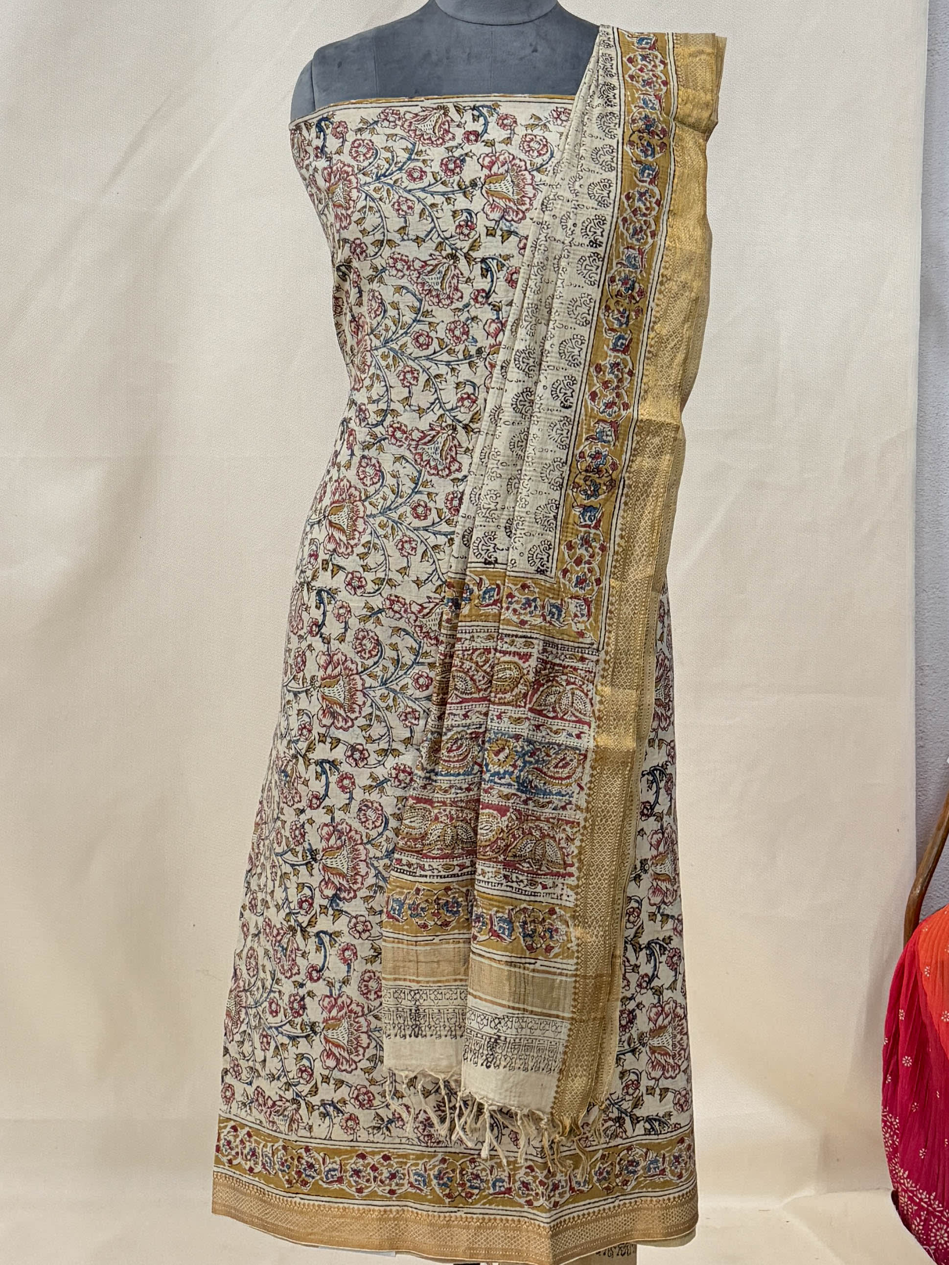 Beige ,Gold Cotton Unstitched Suit