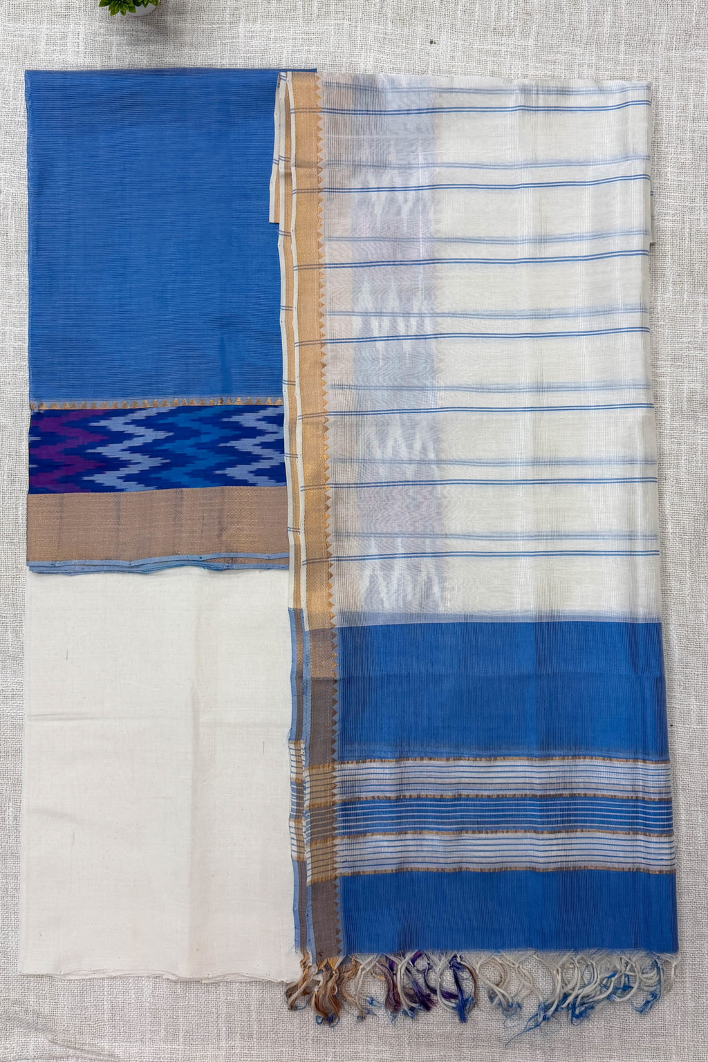 Blue ,White Pure Silk Unstitched Suit
