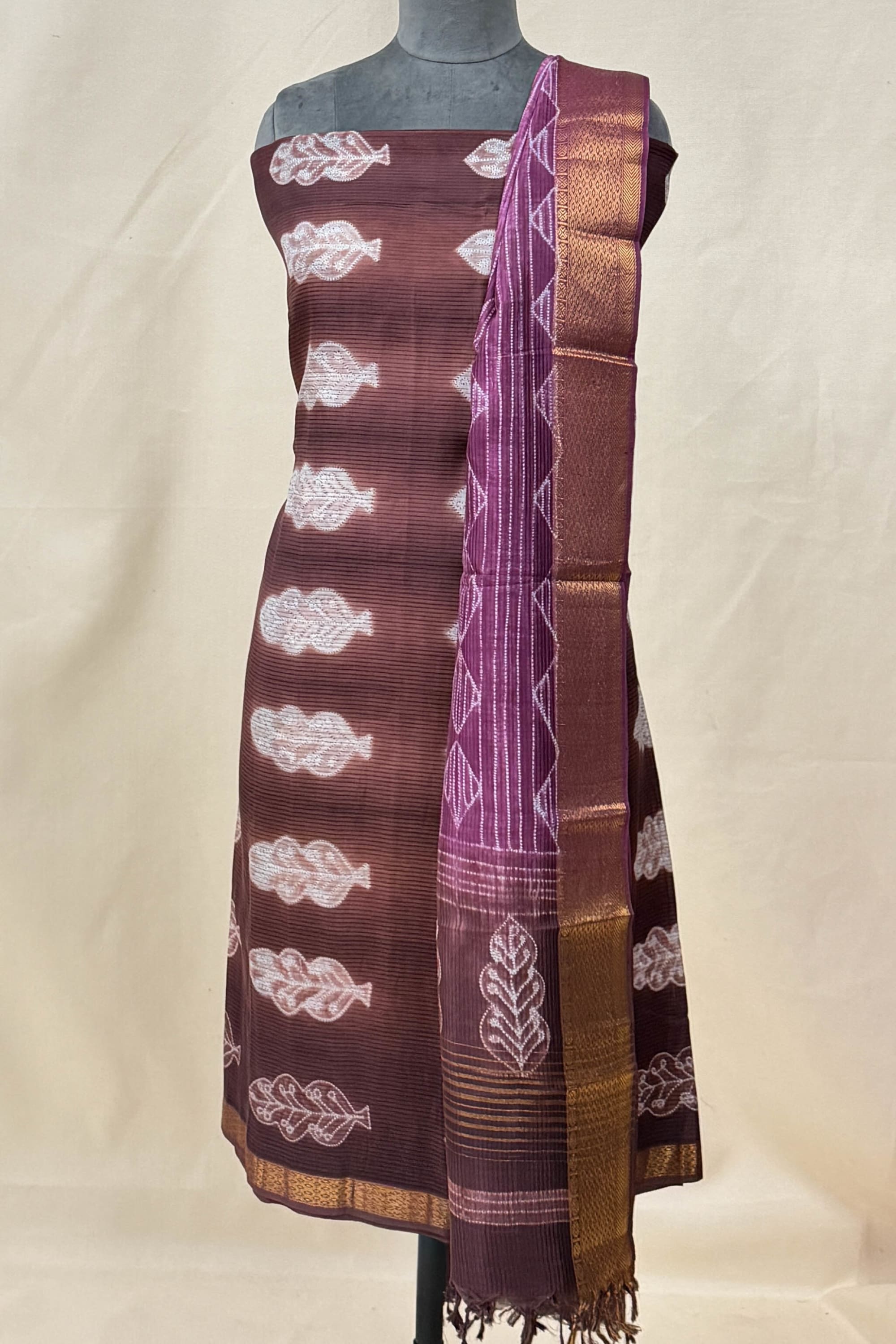 Brown ,Magenta Pink Pure Silk Unstitched Suit