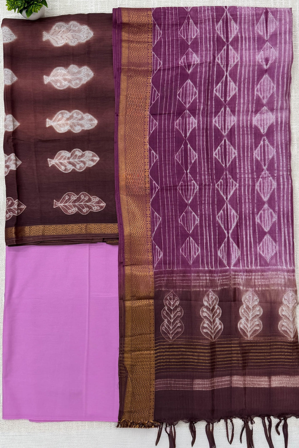Brown ,Magenta Pink Pure Silk Unstitched Suit