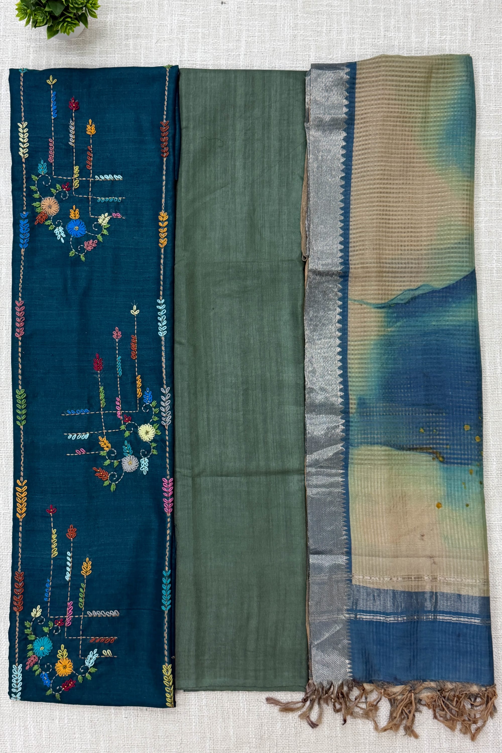 Mint Green ,Steel Blue Cotton Unstitched Suit