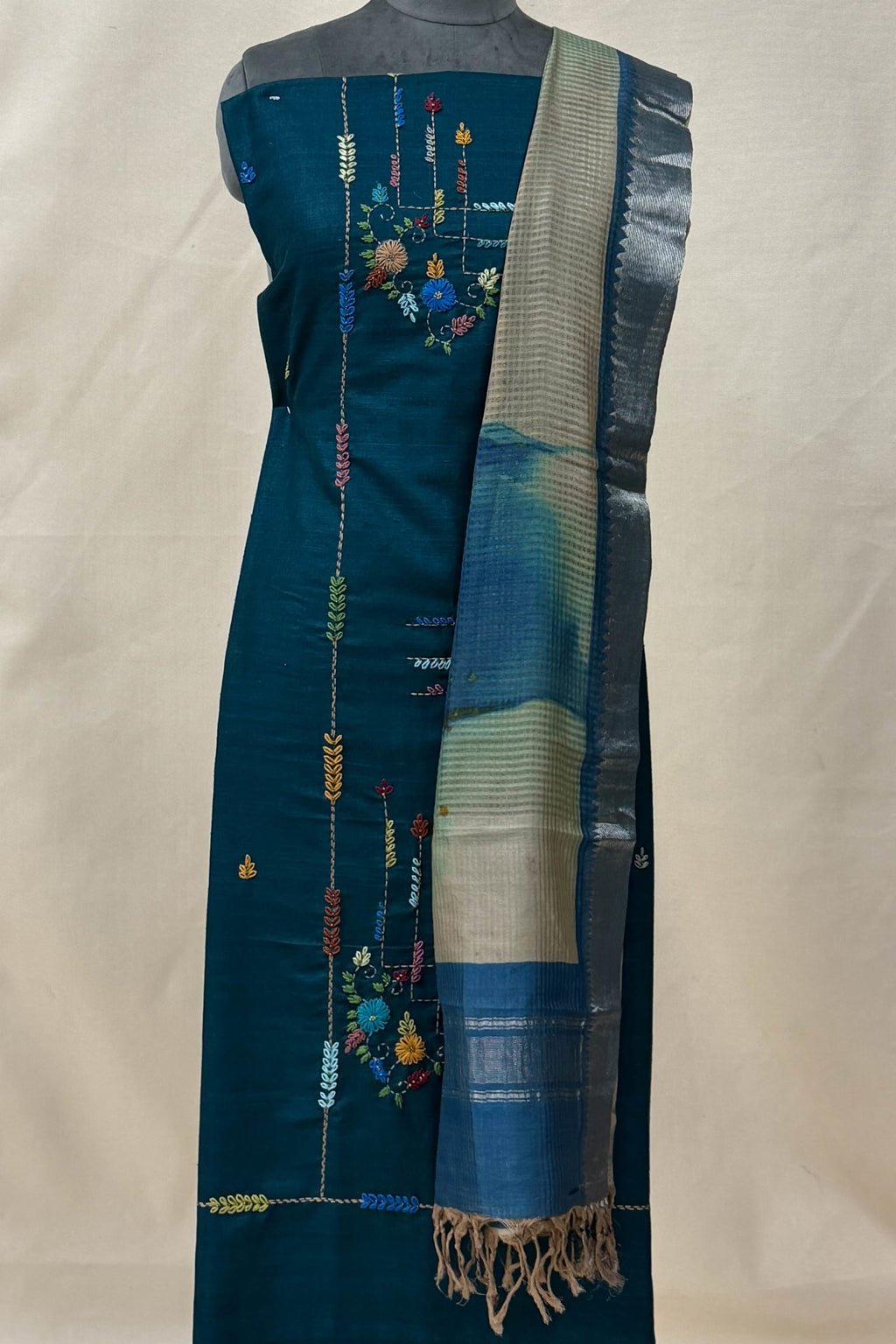 Mint Green ,Steel Blue Cotton Unstitched Suit
