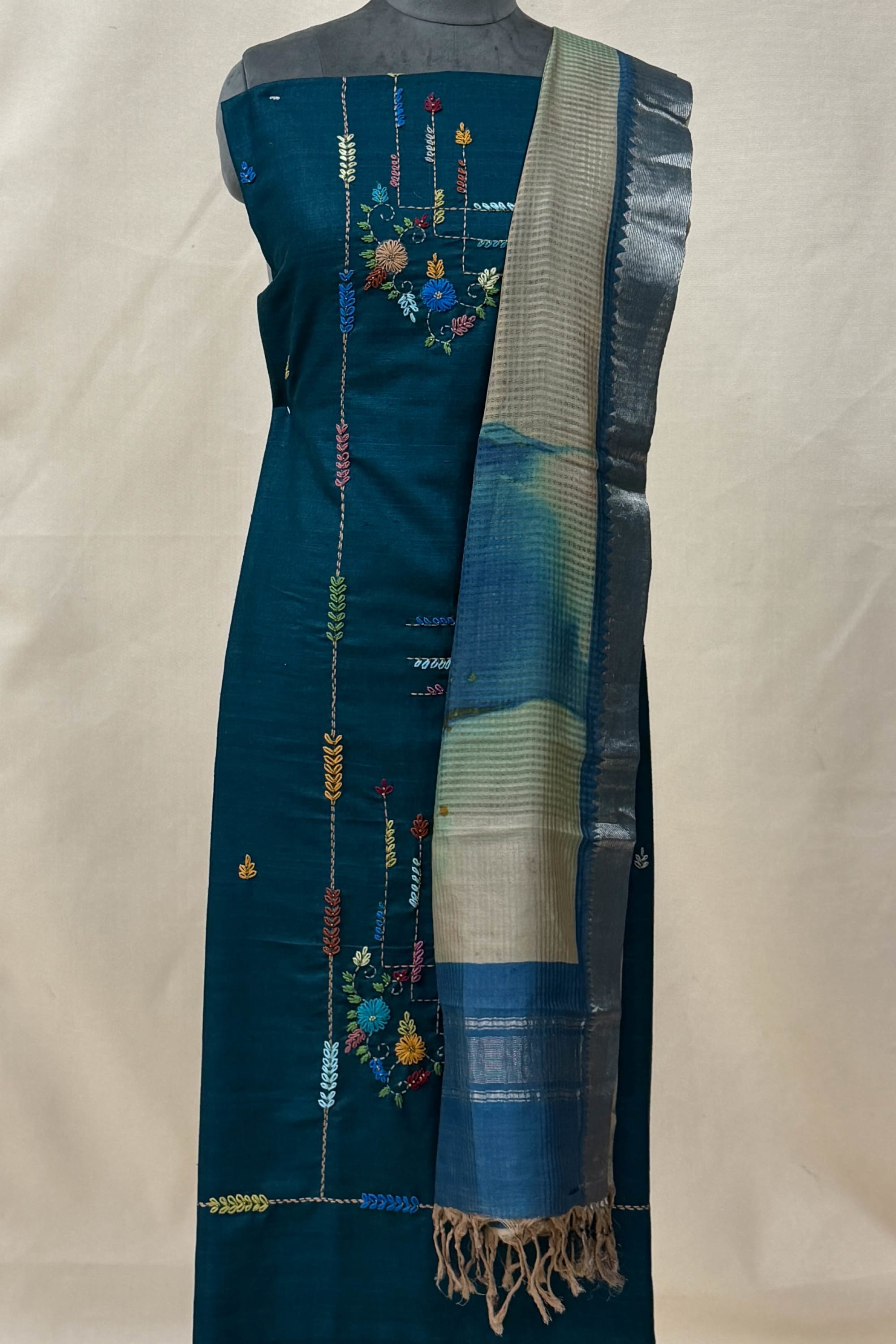 Mint Green ,Steel Blue Cotton Unstitched Suit