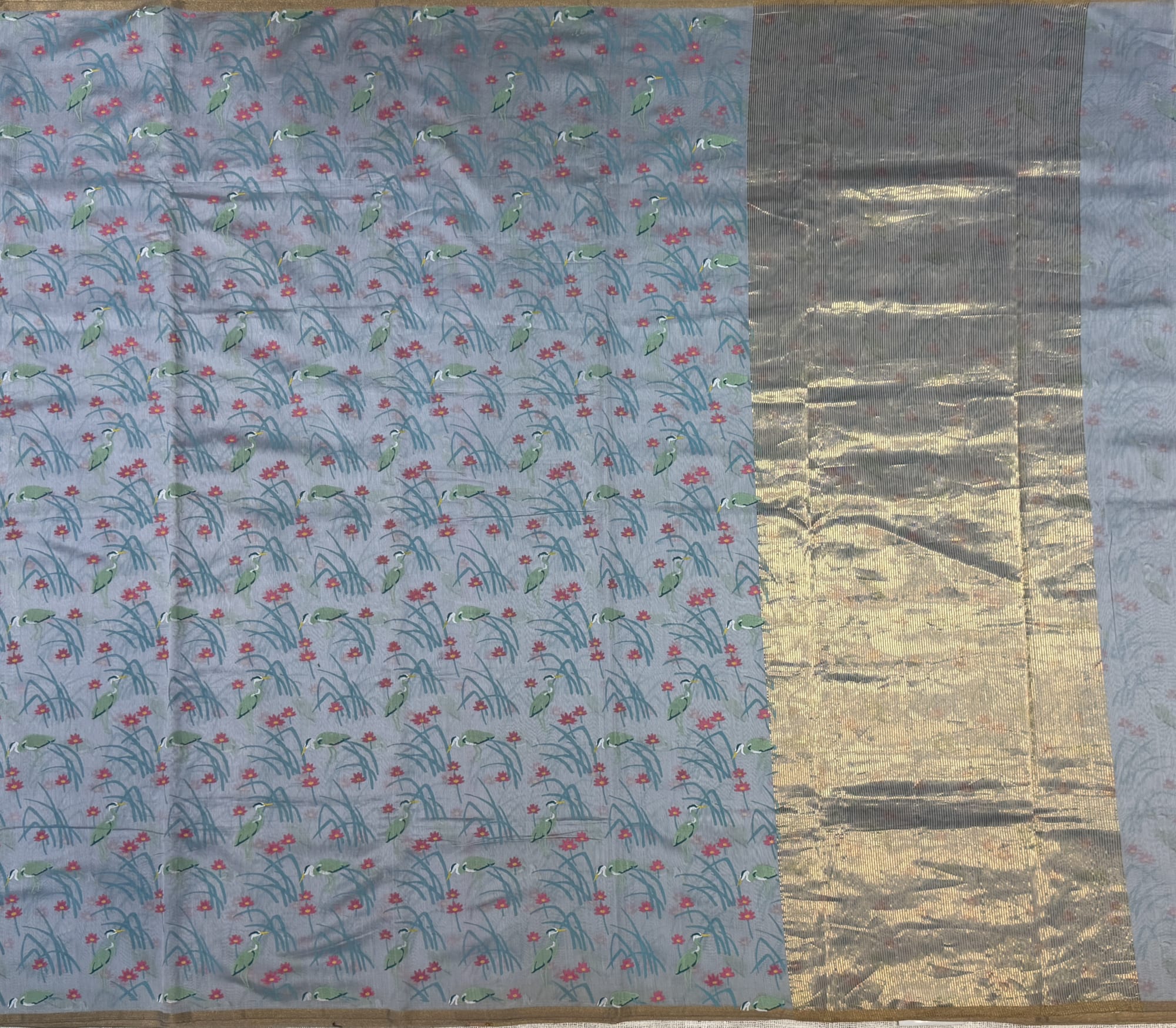 Mint Green Grey Chanderi Block Print Saree