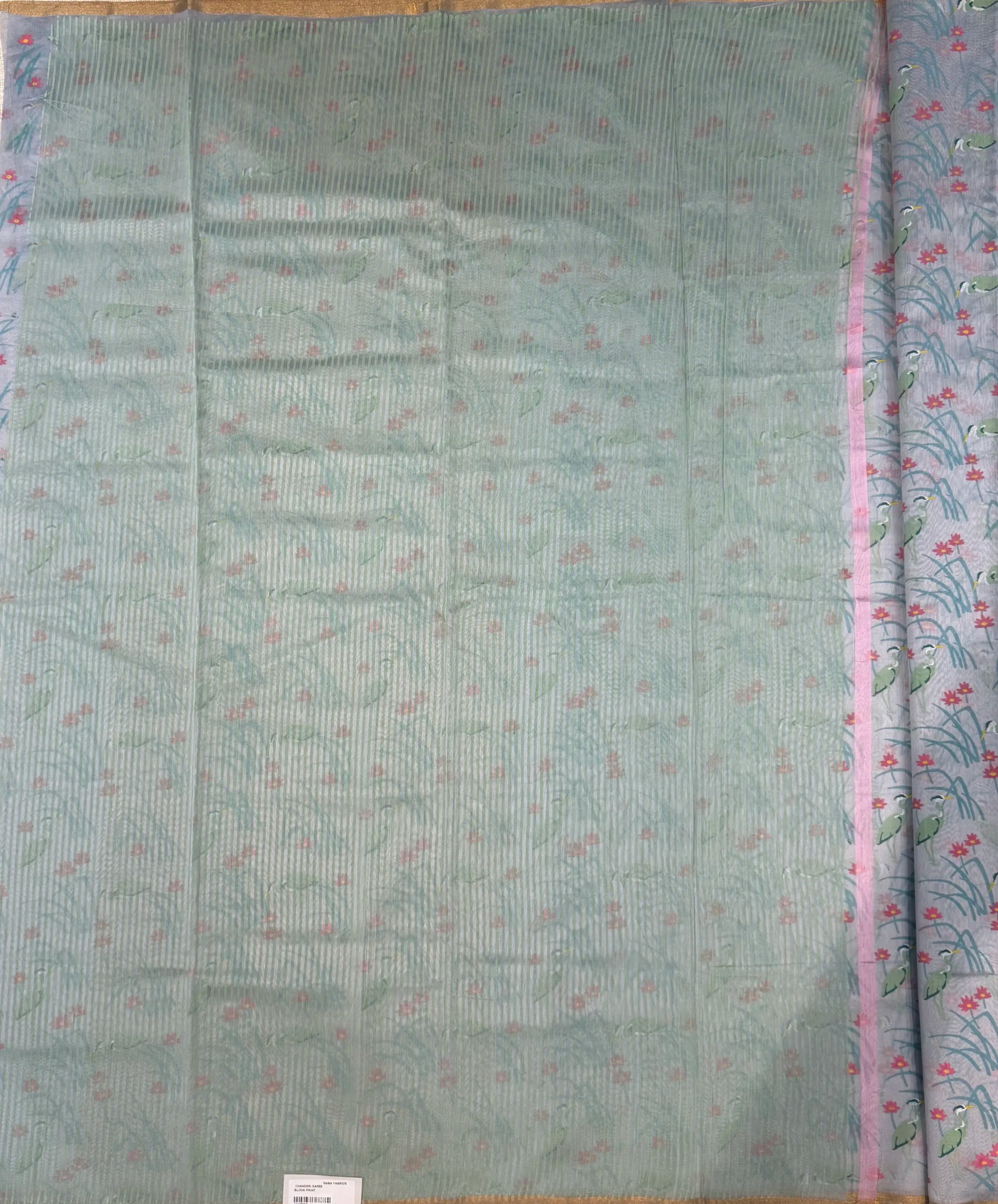 Mint Green Grey Chanderi Block Print Saree