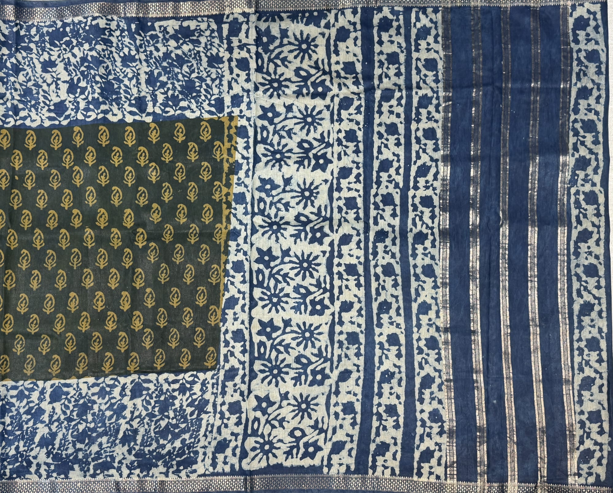 Green Blue Maheshwari Block Print Saree