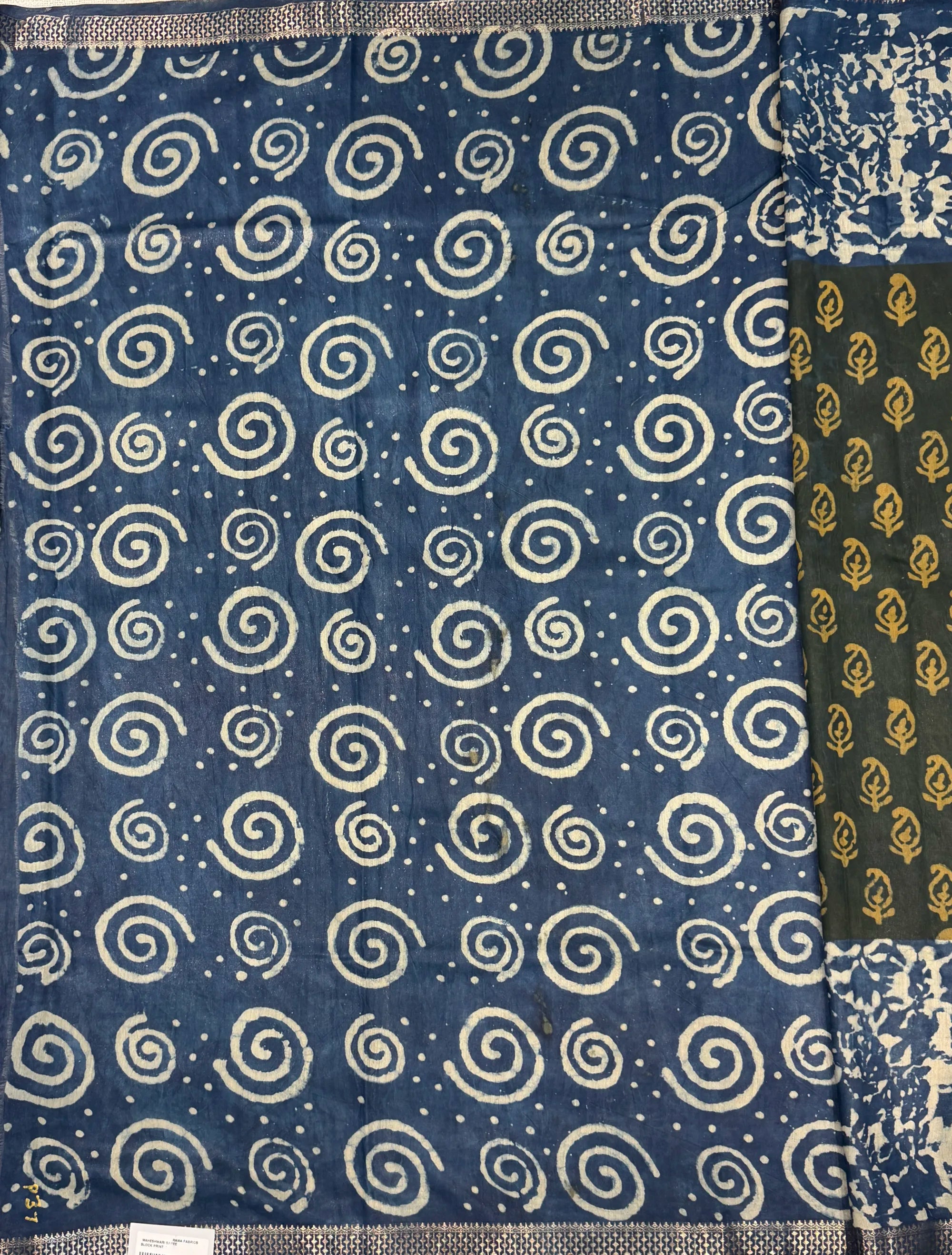 Green Blue Maheshwari Block Print Saree
