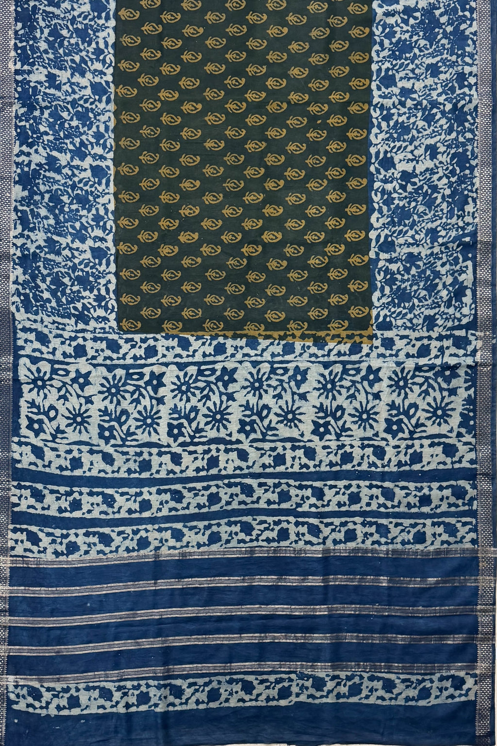 Blue Bottle Green Ivory Mustard Yellow Silk Cotton Saree