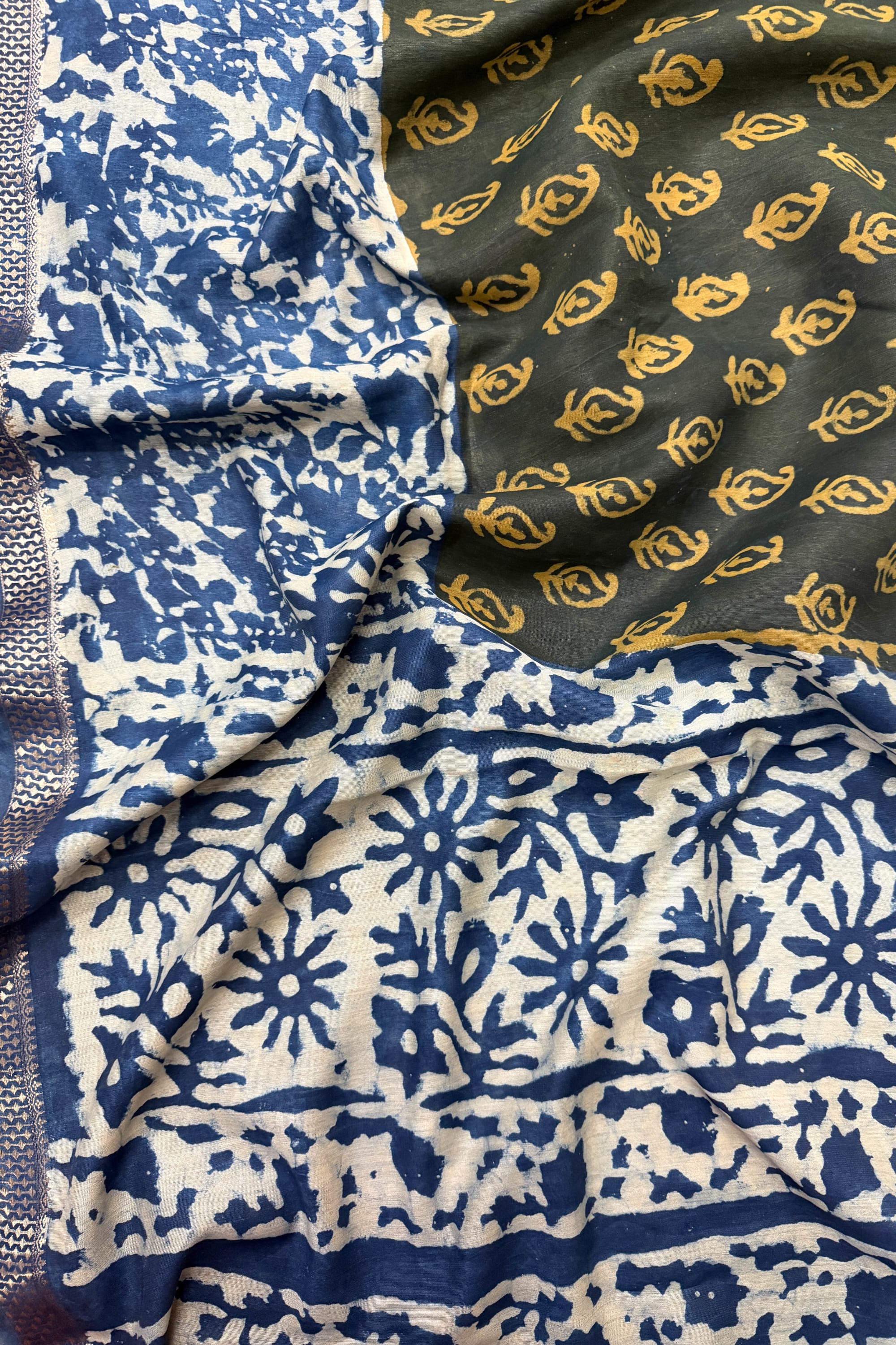 Blue Bottle Green Ivory Mustard Yellow Silk Cotton Saree