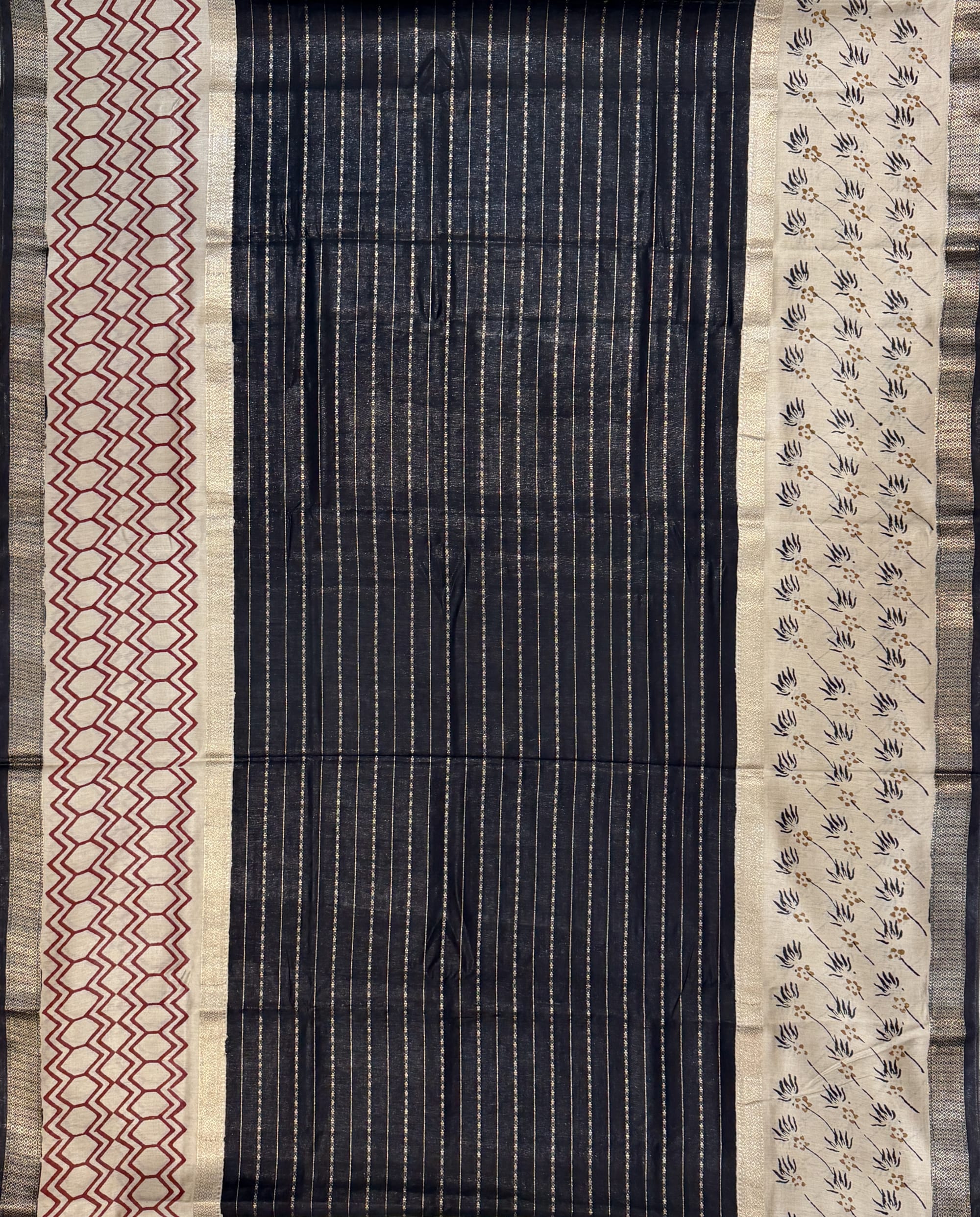 Black Beige Maheshwari Block Print Saree