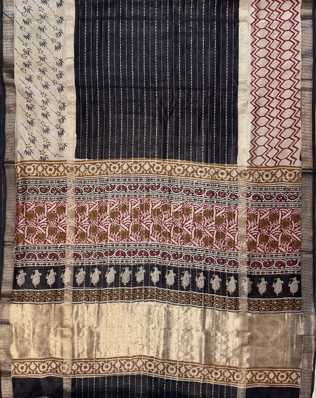 Black Beige Maheshwari Block Print Saree