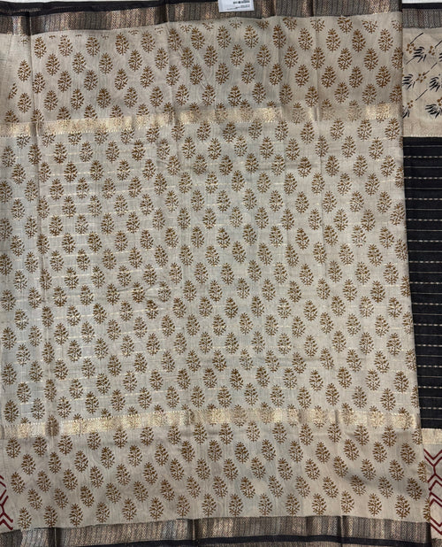 Black Beige Maheshwari Block Print Saree
