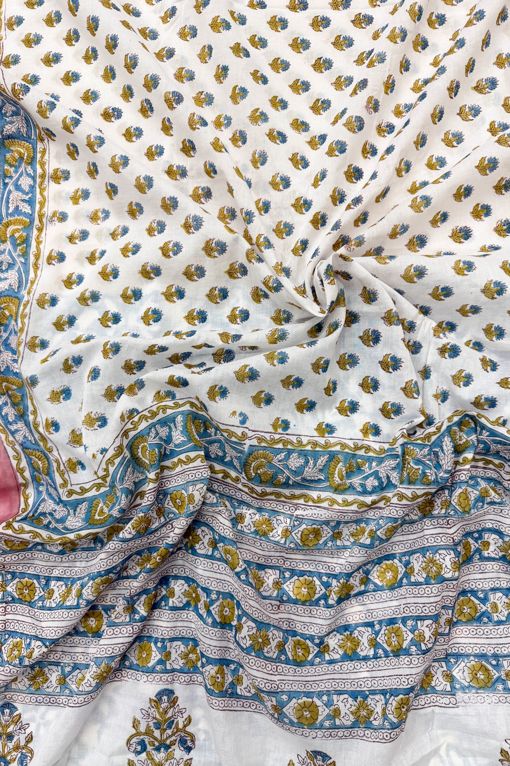 Blue Mustard Yellow Pink White Cotton Saree
