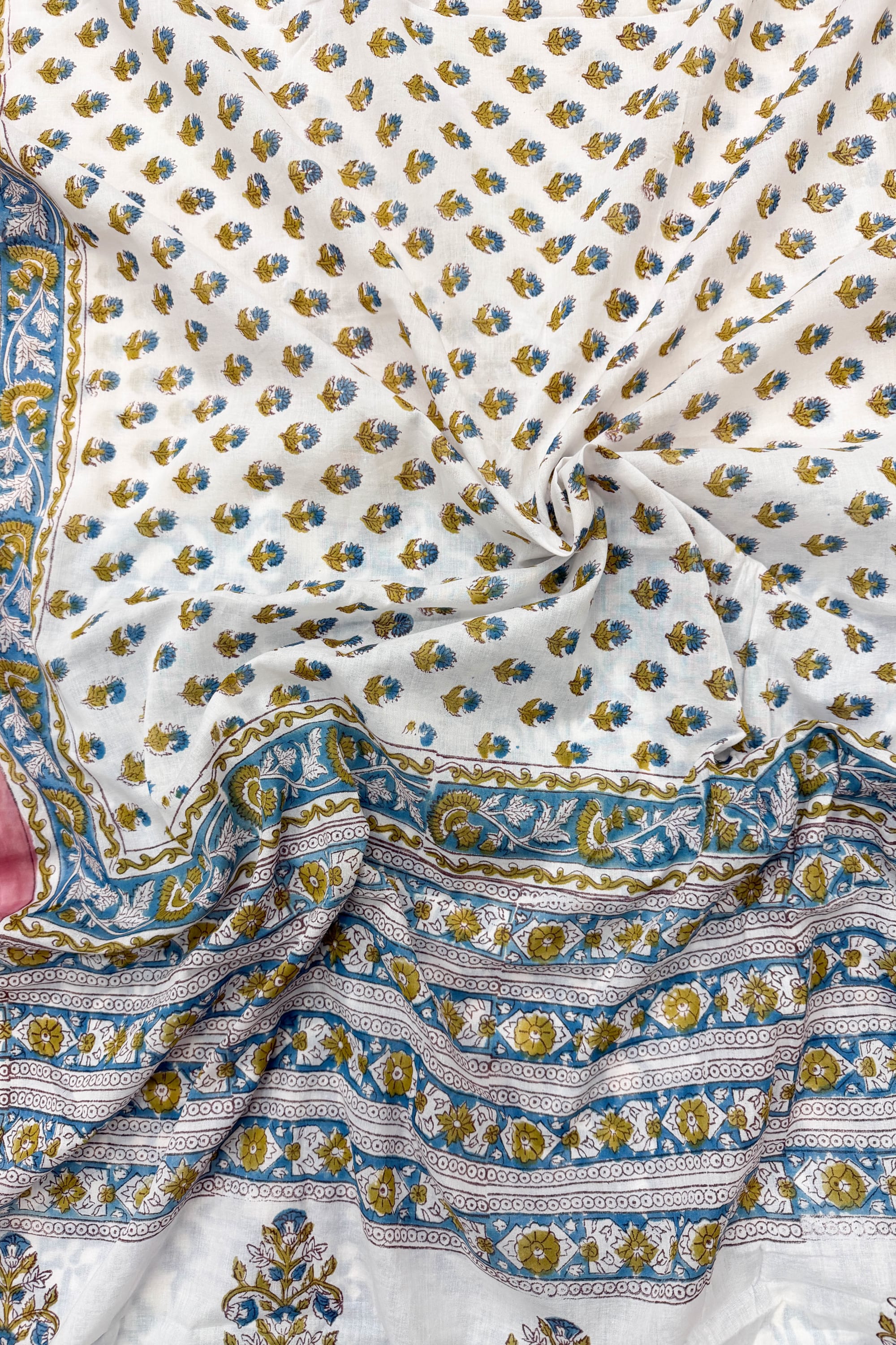 Blue Mustard Yellow Pink White Cotton Saree