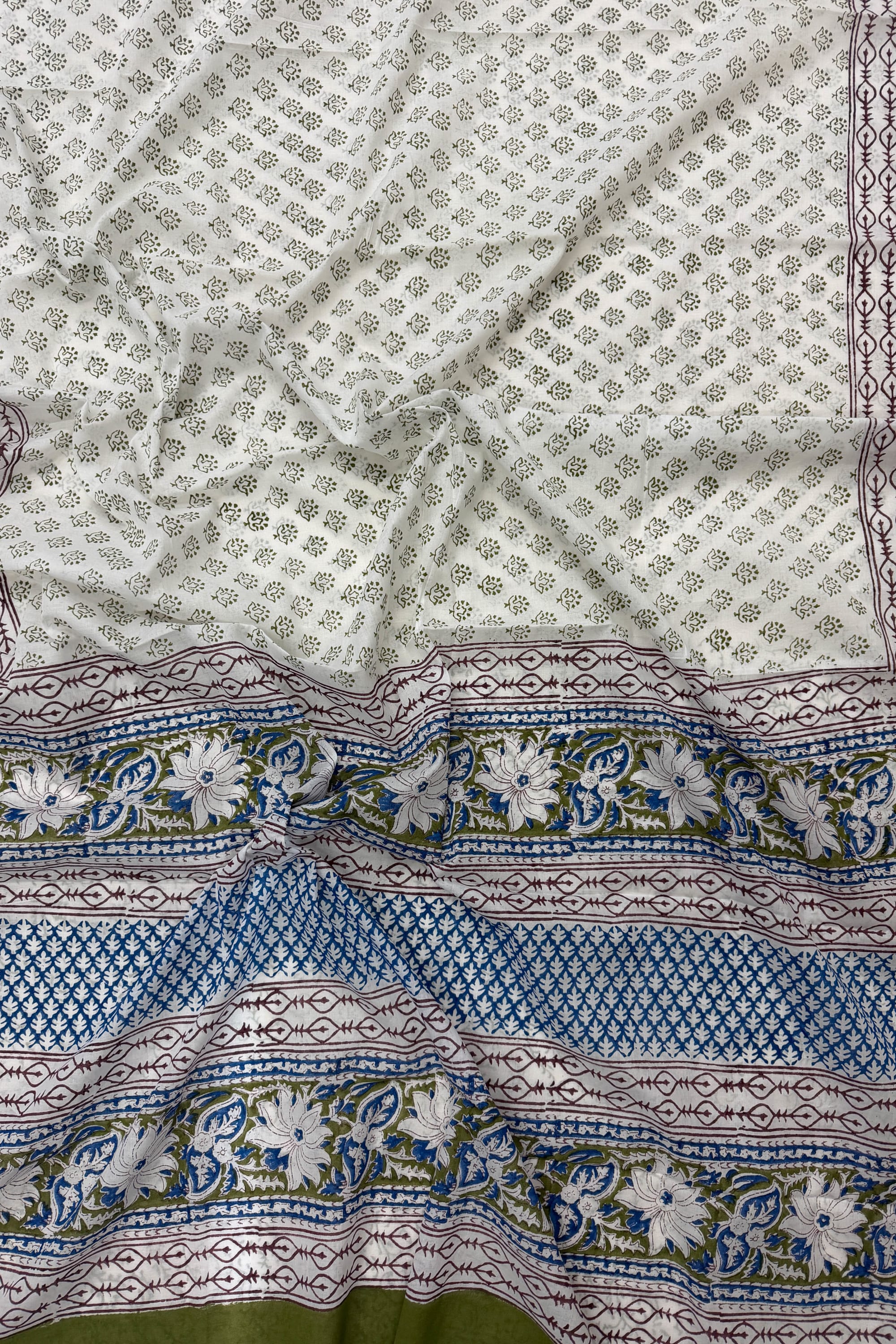 Blue Brown Green White Cotton Saree