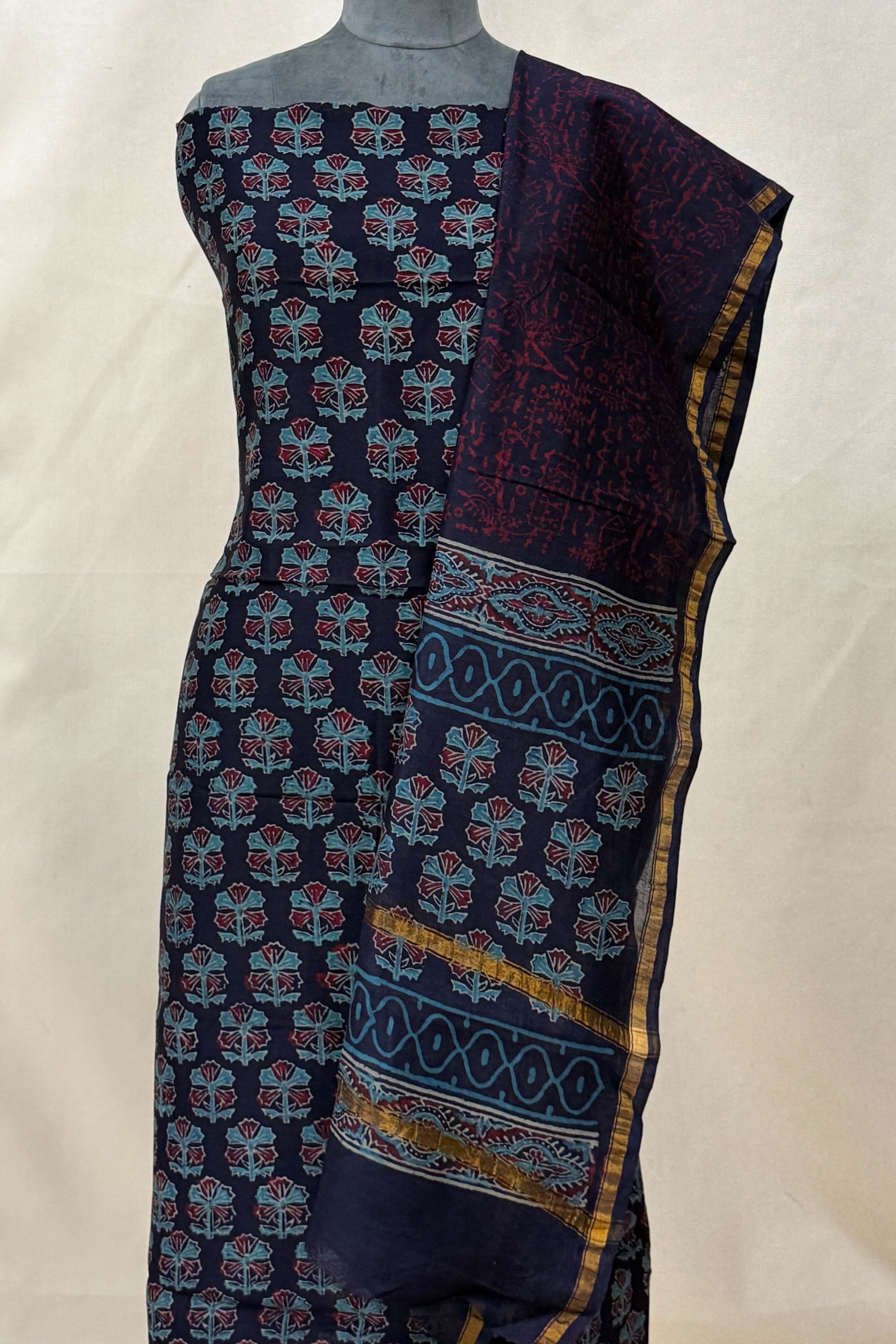 Navy Blue Pure Silk Unstitched Suit