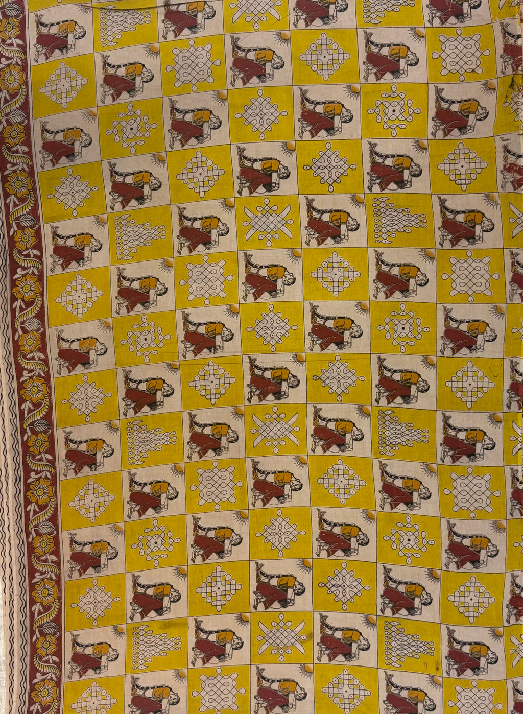 Mustard Yellow Brown Kalamkari Cotton Saree