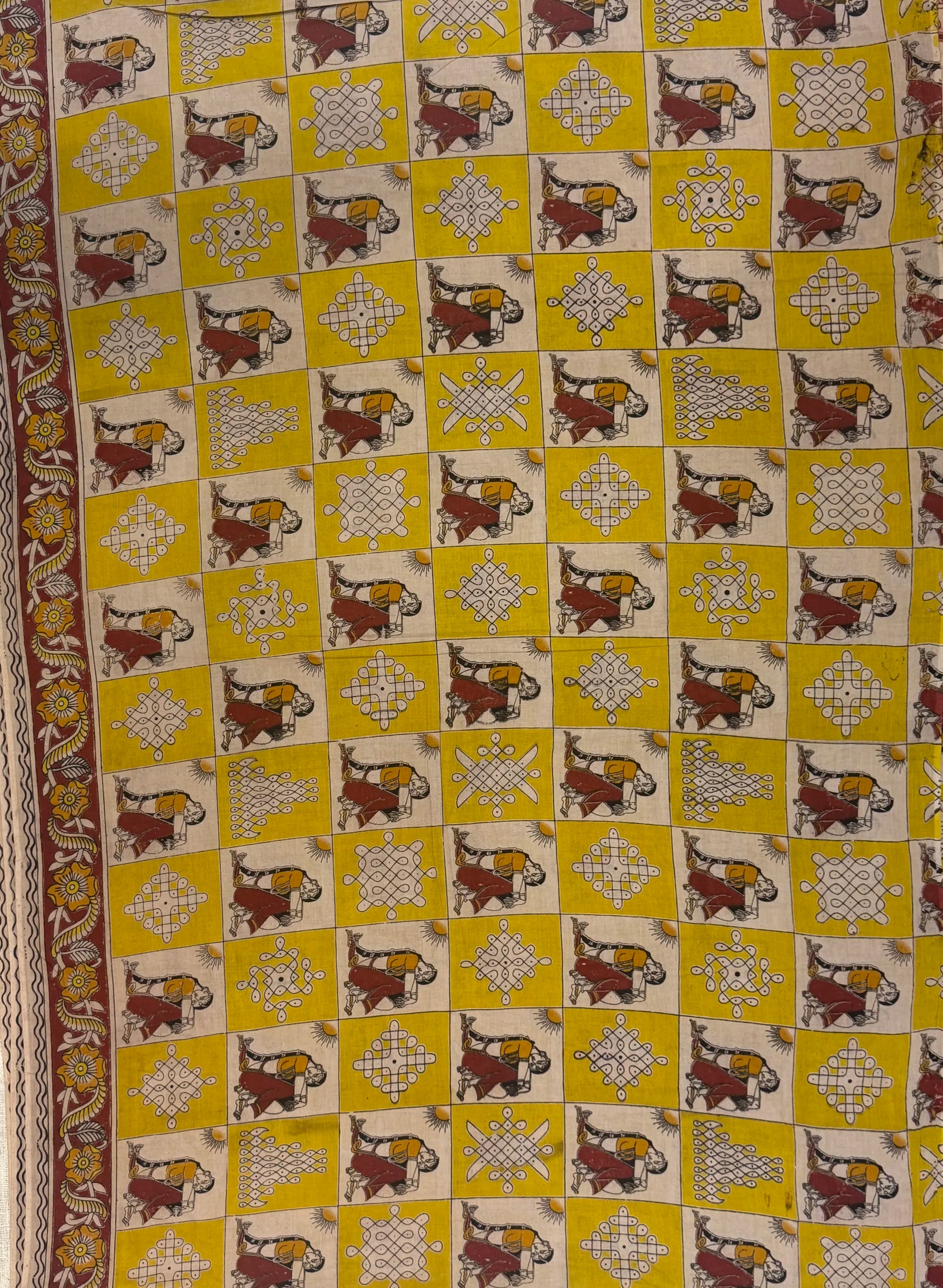 Mustard Yellow Brown Kalamkari Cotton Saree