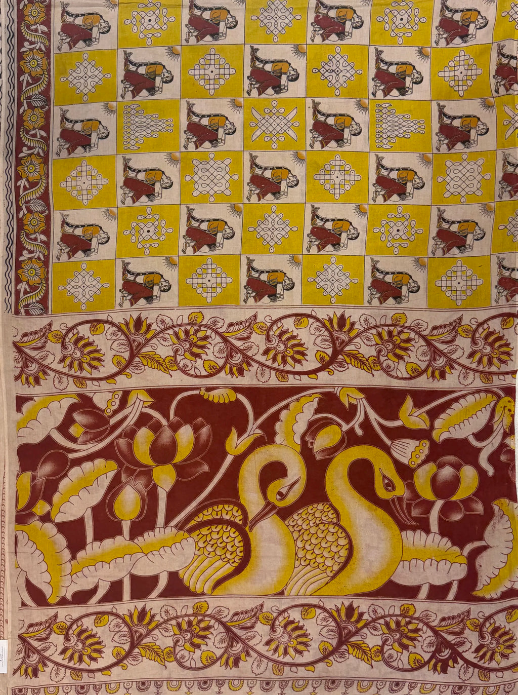 Mustard Yellow Brown Kalamkari Cotton Saree